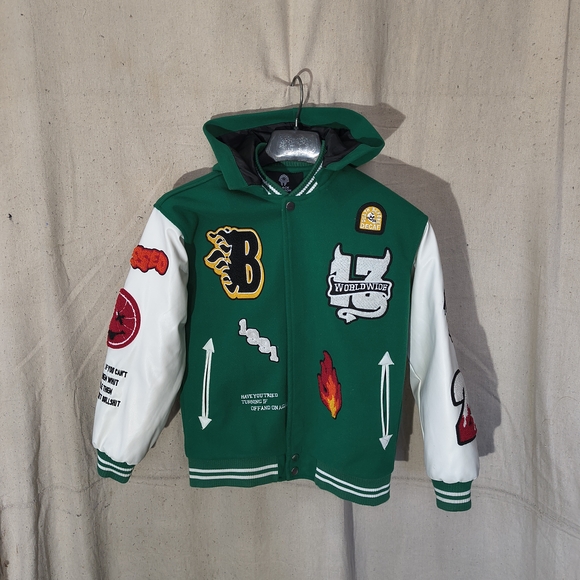 Black Pharoah Boy's Varsity Jacket Green & White W/Hood & Graphics / Patches - Picture 1 of 16